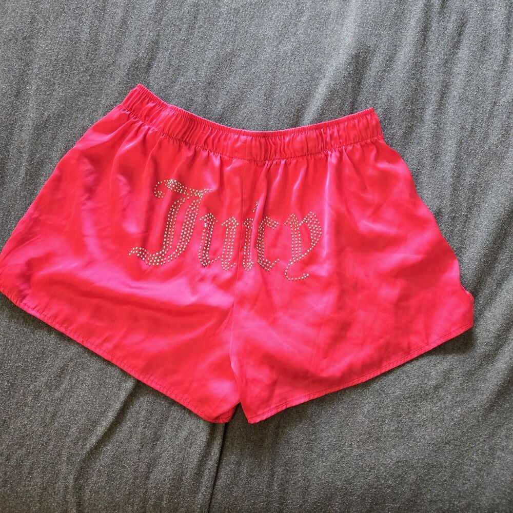 Y2K Juicy Couture Hot Pink Satin Sleep Shorts Rhinestone bling Silky Large
